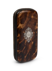 An antique tortoiseshell and silver spectacle case, attractively lined in blue silk, 19th century, 13.5cm wide.