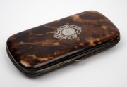 An antique tortoiseshell and silver spectacle case, attractively lined in blue silk, 19th century, 13.5cm wide. - 2