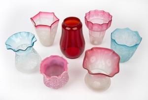 Seven assorted antique and vintage coloured glass light shades, 19th and 20th century, ​​​​​​​the largest 17cm high.