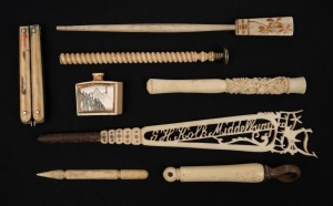 Assorted antique and vintage whalebone and ivory implements and objet d'art, 19th and 20th century, (8 items), the largest 18cm long.