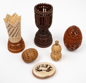 Assorted carved wood, ivory, bone and vegetable ivory ornaments, 19th century, (6 items), the largest 9cm high.