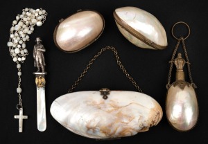 A silver and mother of pearl Napoleon Bonaparte ornament; together with a mother of pearl rosary bead necklace, three polished shell and gilt metal boxes and a scent bottle, 19th/20th century, (6 items), the largest 10cm wide.