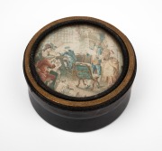 An antique French circular tortoise shell box with chromolithograph interior scene in gilt metal mount, early 19th century, 4cm high, 10cm diameter.