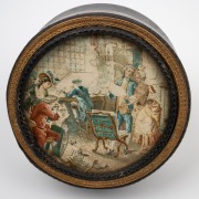 An antique French circular tortoise shell box with chromolithograph interior scene in gilt metal mount, early 19th century, 4cm high, 10cm diameter. - 2