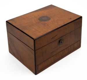 An antique English walnut jewellery box with purple velvet interior and assorted mis-matched bottles, 19th century. Note: Missing lift-out tray but drawer attractively lined with compartments. 18cm high, 30cm wide, 23cm deep.