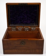 An antique English walnut jewellery box with purple velvet interior and assorted mis-matched bottles, 19th century. Note: Missing lift-out tray but drawer attractively lined with compartments. 18cm high, 30cm wide, 23cm deep. - 2