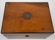 An antique English walnut jewellery box with purple velvet interior and assorted mis-matched bottles, 19th century. Note: Missing lift-out tray but drawer attractively lined with compartments. 18cm high, 30cm wide, 23cm deep. - 3