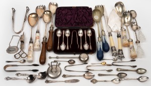 Antique silver plated cutlery, salad servers, utensils etc., 19th and 20th century, (qty).