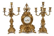 A three piece French gilt bronze clock garniture in the Rococo style, with eight day time and gong strike movement, 19th century, 47cm and 49cm high.