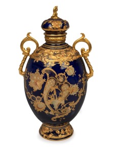 ROYAL CROWN DERBY fine quality English blue porcelain lidded urn with gilt decoration, 20th century, red factory mark to base, 30.5cm high.