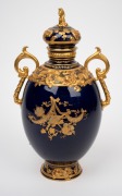 ROYAL CROWN DERBY fine quality English blue porcelain lidded urn with gilt decoration, 20th century, red factory mark to base, 30.5cm high. - 2