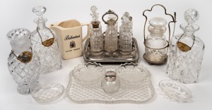 Assorted crystal and glass decanters, cruet bottles, dishes, Ballantine's Whisky jug etc., (qty), ​​​​​​​the largest decanter 26cm high.