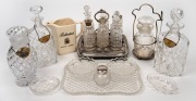 Assorted crystal and glass decanters, cruet bottles, dishes, Ballantine's Whisky jug etc., (qty), ​​​​​​​the largest decanter 26cm high.