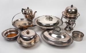 Assorted vintage silver plated table ware, comprising of a spirit warmer, tureen, muffin dishes, teapot, jug and coasters, 20th century, (9 items), the largest 26cm high.