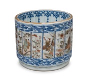KUTANI WARE antique Japanese porcelain brush pot, Meiji period, 19th century, blue six character mark to base, 14cm high, 17cm diameter.