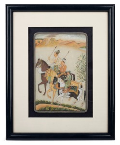 A framed Indo-Persian scene of warriors on horseback , hand-painted on slate panel, 20th century, 26 x 21cm overall.