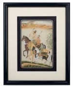 A framed Indo-Persian scene of warriors on horseback , hand-painted on slate panel, 20th century, ​​​​​​​26 x 21cm overall.