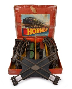 HORNBY vintage tin plate clockwork train, track with additional cross-over and track, in original red box.