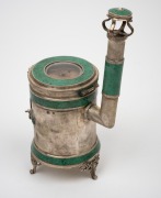 A novelty Eastern European silver and malachite miniature stove ornament, housing a pocket watch movement, bearing the Russian coat of arms, unknown maker and origin (marks illegible), 20th century, 18cm high, 322 grams total including watch movement. - 2