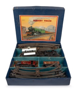 HORNBY vintage tin plate clockwork train and track in original blue box.