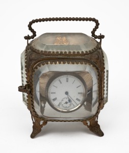 An antique sterling silver ladies cased pocket watched, housed in an original antique glass and gilt metal silk lined box, 19th century, 11cm high overall.