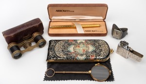 Antique gold plated lorgnette in case; together with a pair of antique pocket opera glasses in pouch, a vintage fold-out miniature clock, a Japanese sterling silver cased cigarette lighter and a Parker pen in original box, 19th/20th century, (5 items).