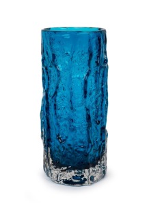 WHITEFRIARS "Bark" glass vase in kingfisher blue, model 9691, designed by GEOFFREY BAXTER, circa 1966, 23.5cm high.