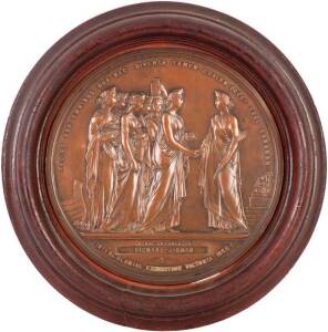 INTERCOLONIAL EXHIBITION VICTORIA 1866-7: Bronzed plaque (22cm) by Charles Summers & W.Calvert presented to RICHARD JARMAN the Tasmanian artist, map maker & engraver. Accompanied by a facinating historical archive including scrap albums of specimens of en