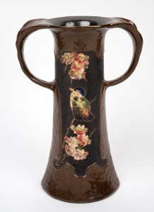BRETBY English Arts & Crafts pottery vase with bird and blossom decoration, 19th/20th century, factory mark to base, 29cm high.