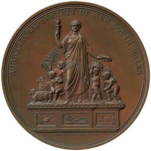 AGRICULTURAL SOCIETY NEW SOUTH WALES in bronze (90mm) by Hardy Brothers of London & Sydney. Reverse "Practice with Science Awarded to Wm Westgarth Agent Egerton Allen & Co Class 651, 1875"