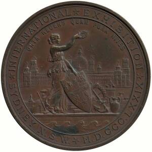 SYDNEY INTERNATIONAL EXHIBITION 1879 in bronze (75mm) by J.S & A.B Wyon. Awarded to Oswald Mordaunt & Co "Forth Award".