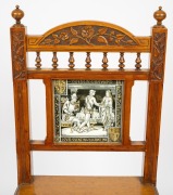 A pair of antique carved English oak Arts & Crafts hall chairs with tiled backs, 19th century, 95cm high. - 2