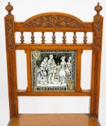 A pair of antique carved English oak Arts & Crafts hall chairs with tiled backs, 19th century, 95cm high. - 3