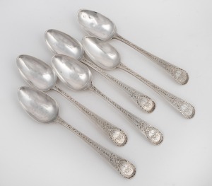 A set of six Georgian sterling silver teaspoons with engraved decoration, by Richard Crossley of London, circa 1785, 12cm long, 72 grams total.