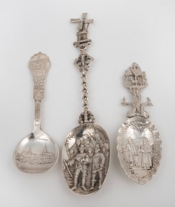 Three assorted continental silver novelty spoons, most likely Norwegian, Dutch and Italian, 20th century, the largest 20.5cm high, 145 grams total.