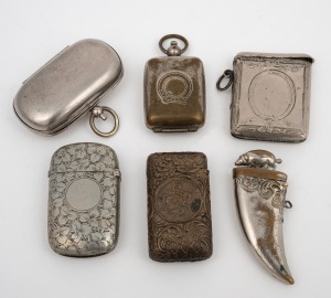 Assorted white metal and silver plated vesta cases, stamp box and sovereign case, 19th/20th century, (6 items), ​​​​​​​the largest 6cm high.