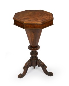 An antique English walnut worktable, interior fitted with compartments and later baize, 19th century, 76cm high, 42cm wide, 42cm deep.
