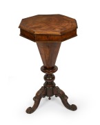 An antique English walnut worktable, interior fitted with compartments and later baize, 19th century, 76cm high, 42cm wide, 42cm deep.