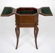 An antique English mahogany and satinwood Sheraton Revival worktable, interior handsomely fitted with water washed Lincoln green silk, lift-out tray and compartments, 19th/20th century, 72cm high, 41cm wide, 35cm deep. - 2