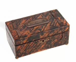 Tea Caddy: New Zealand International Exhibition 1882 Dunedin souvenir plaque top. Painted simulated grain. Height 10cm, width 23cm, depth 12cm