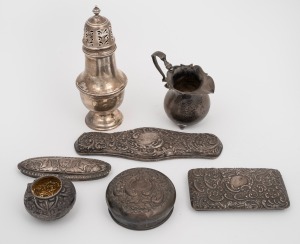 Assorted sterling silver jar lids, cream jug (missing feet) and sugar castor, 19th and 20th century, (qty), 304 grams total.