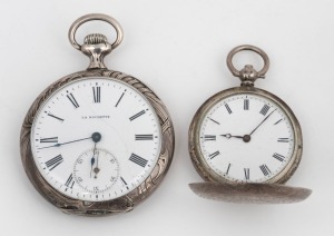 An antique silver cased full hunter ladies pocket watch with engraved floral decorated case; together with a LA ROCHETTE antique open faced silver finished French pocket watch, 19th/20th century, (2 items), 5.5cm and 7cm high overall including bows.