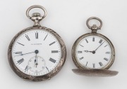 An antique silver cased full hunter ladies pocket watch with engraved floral decorated case; together with a LA ROCHETTE antique open faced silver finished French pocket watch, 19th/20th century, (2 items), 5.5cm and 7cm high overall including bows.