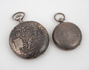 An antique silver cased full hunter ladies pocket watch with engraved floral decorated case; together with a LA ROCHETTE antique open faced silver finished French pocket watch, 19th/20th century, (2 items), 5.5cm and 7cm high overall including bows. - 2