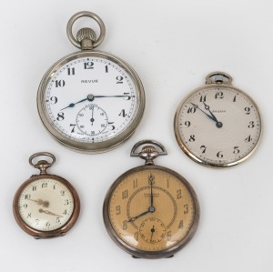 Four assorted vintage pocket watches in nickel and silver plated cases, 20th century, the largest 7cm high including bow.