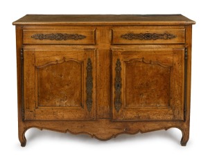 An antique French sycamore and fruitwood two drawer two door cabinet with applied metal decoration, 18th/19th century, 97cm high, 134cm wide, 52cm deep.