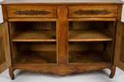 An antique French sycamore and fruitwood two drawer two door cabinet with applied metal decoration, 18th/19th century, 97cm high, 134cm wide, 52cm deep. - 2