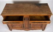 An antique French sycamore and fruitwood two drawer two door cabinet with applied metal decoration, 18th/19th century, 97cm high, 134cm wide, 52cm deep. - 3