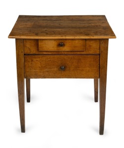 An antique French fruitwood and pine two drawer side table with tapering square form legs, 18th/19th century, 72 cm high, 66cm wide, 53cm deep.