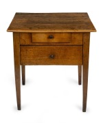 An antique French fruitwood and pine two drawer side table with tapering square form legs, 18th/19th century, 72 cm high, 66cm wide, 53cm deep.